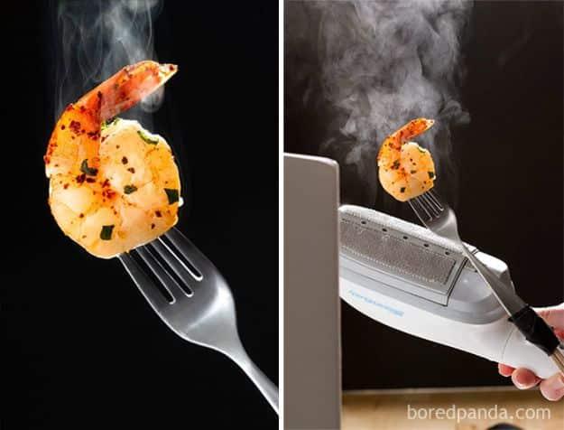 Add steam to food photos, a cooked shrimp on a fork lit against black with a handheld garment steamer beside it