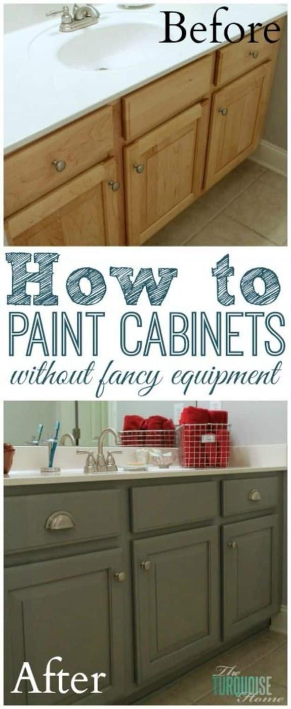 Painting hack before and after graphic, a golden oak bathroom vanity repainted in a soft warm gray with cup pulls