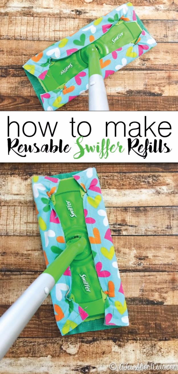 Teal heart print reusable Swiffer pad clipped to a green mop head on rustic wood, shown above and below a title