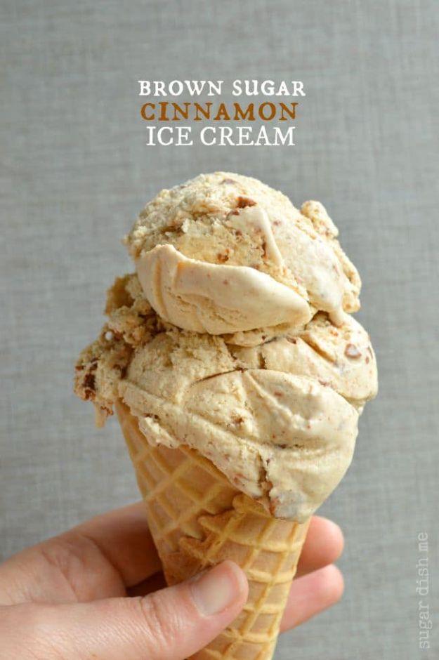 Brown sugar cinnamon ice cream with cinnamon chips in a bowl, a warm spiced custard frozen dessert recipe