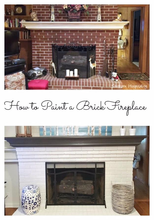 Paint a brick fireplace, a red 1950s brick fireplace beside the same fireplace painted soft white with a dark mantel