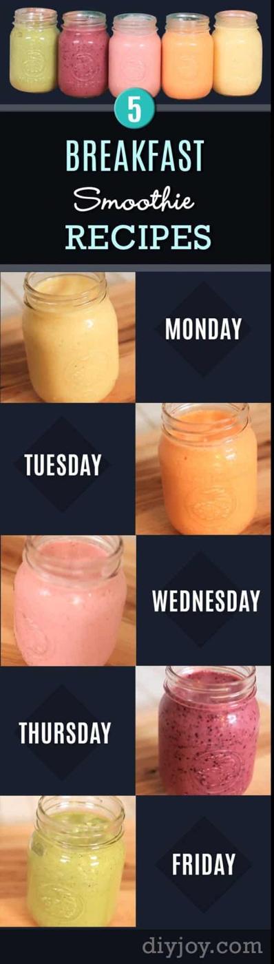 Five different breakfast smoothie recipes lined up, one for each weekday morning of the whole school week