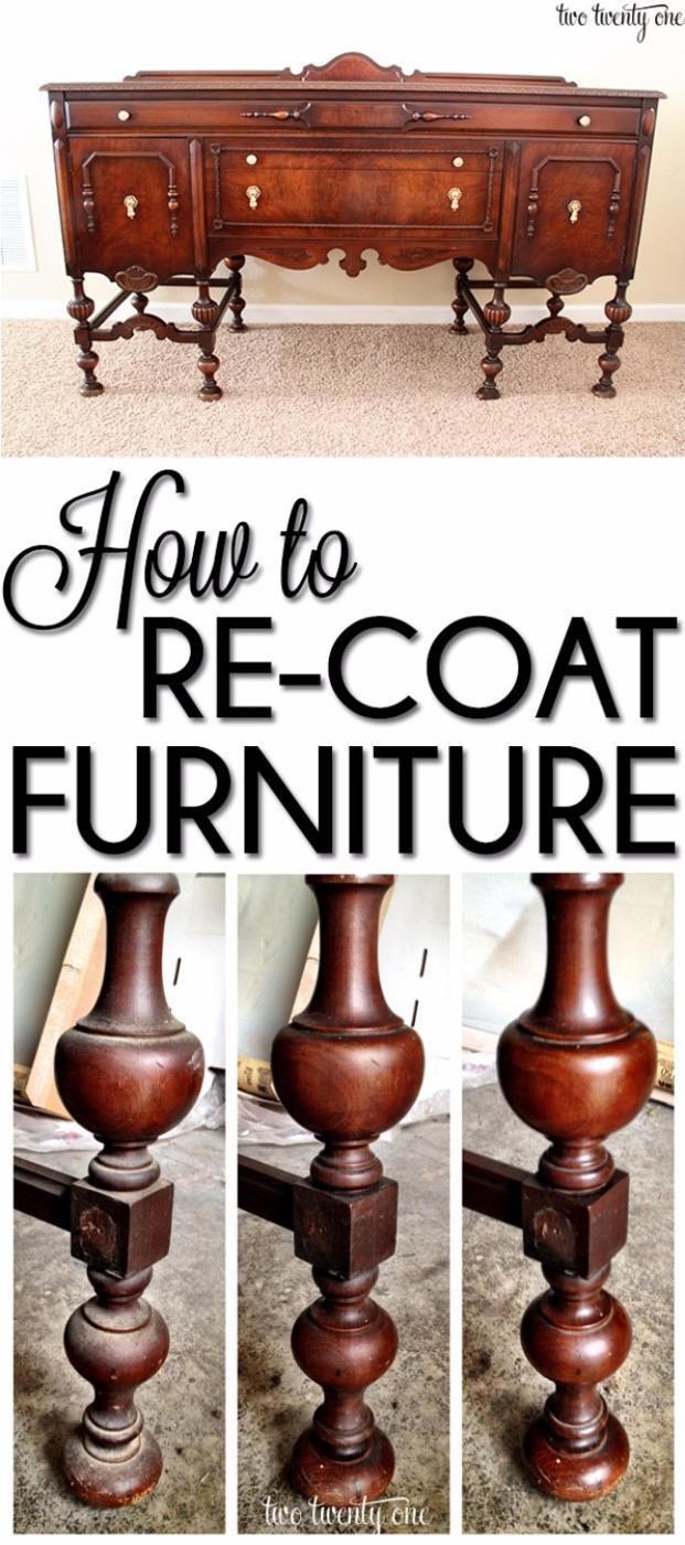 How to Re-Coat Furniture graphic showing a dark antique buffet with turned legs and three close ups of a leg being refinished
