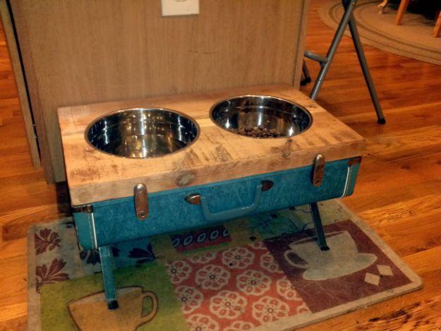 DIY Pet Bowls And Feeding Stations - Raised Dog Bowls From Vintage Suitcase - Easy Ideas for Serving Dog and Cat Food, Ways to Raise and Store Bowls - Organize Your Dog Food and Wa