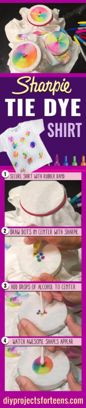 Sharpie tie dye t-shirt, a white shirt stretched over a jar with rainbow ink bursts spreading outward, above step photos