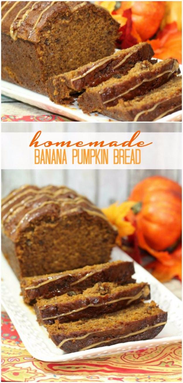 Two panel typeset graphic titled homemade banana pumpkin bread, a sliced dark loaf on a white platter with pumpkins