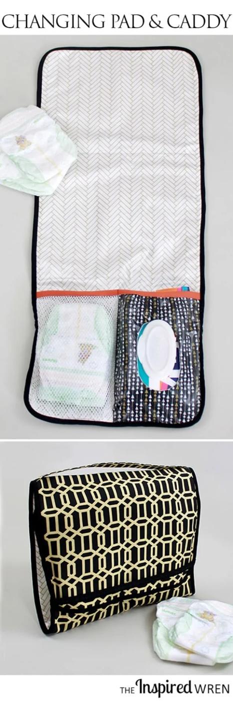 Open changing pad with mesh and clear pockets holding diapers and wipes, and the same pad folded shut