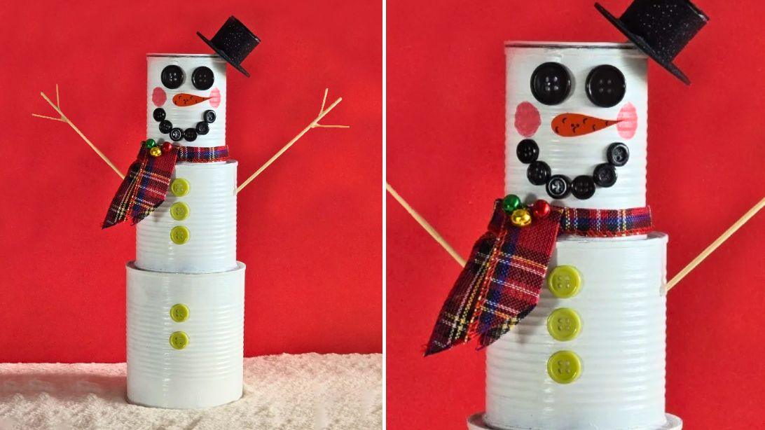 Tin Can Snowman, quick to set up on a rainy afternoon and a finishing touch that ties the room together