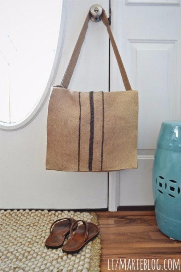 DIY Burlap Messenger Bag, a simple upcycle project for a beginner crafter and a favorite pick from this roundup