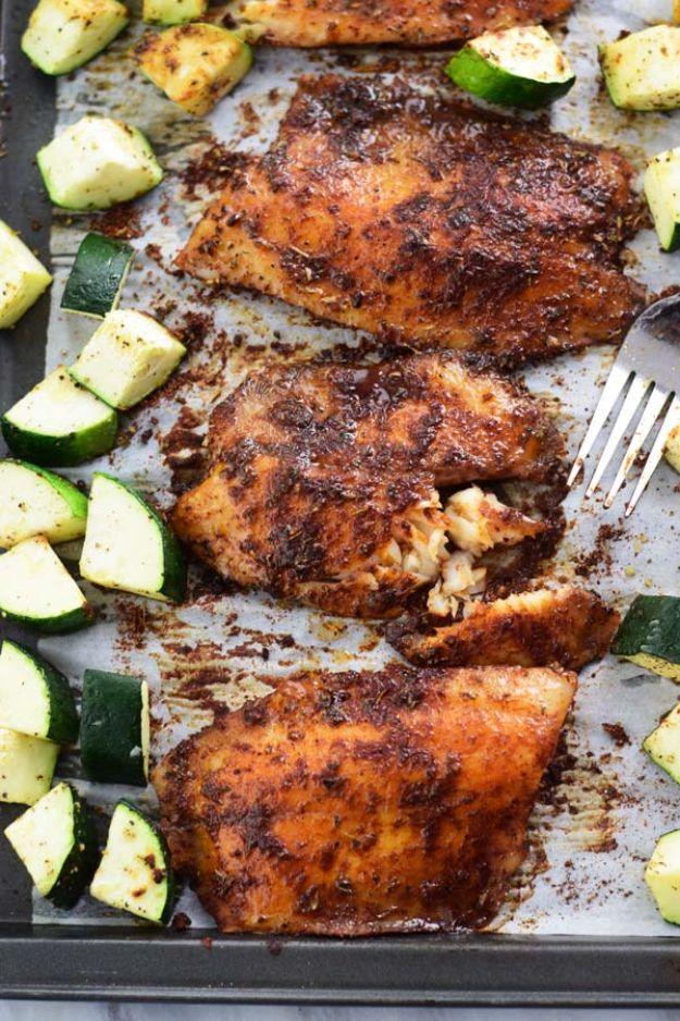 Sheet pan baked blackened tilapia with zucchini slices, a one pan 30 minute healthy fish dinner recipe