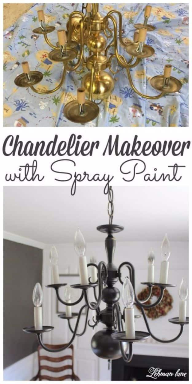 Chandelier makeover sprayed oil rubbed bronze, shown as a before and after pair with the original brass fixture above