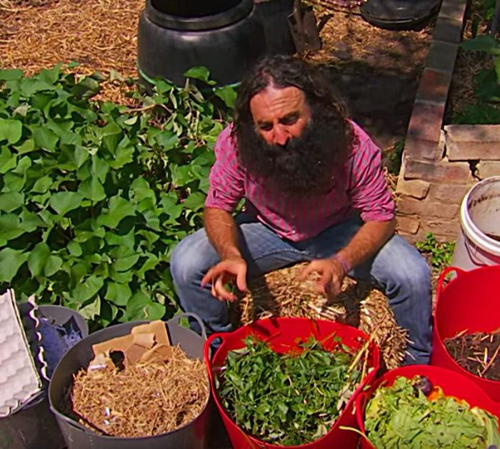 Compost made with vegetable scraps, cardboard, and paper