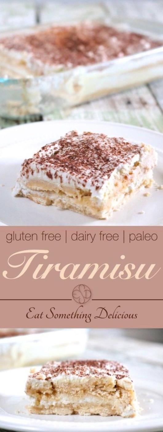 Gluten free tiramisu in a dish with coconut cream layers, coffee soaked cake and dusted cocoa powder
