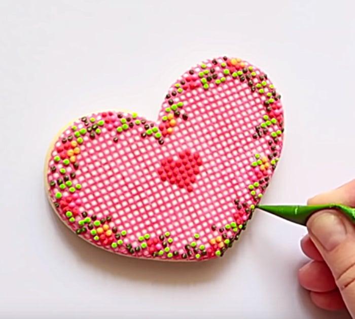 Make cheap easy artistic Valentine's Day Edible Icing Grid Cross-Stitch Heart Shaped Cookies
