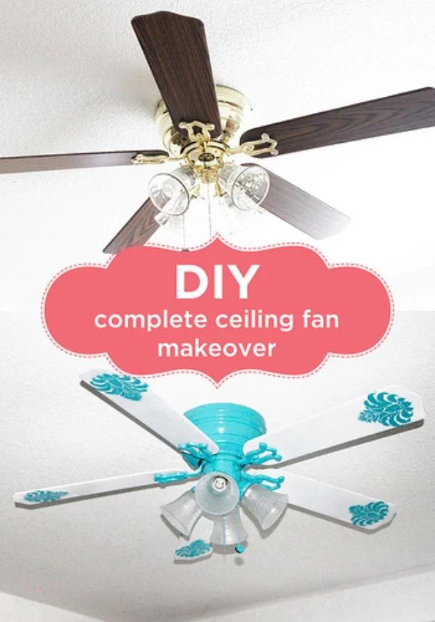 Dark brown ceiling fan above the same fan repainted turquoise with white stencilled blades, badged ceiling fan makeover