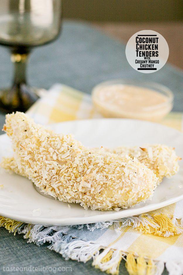 Coconut crusted chicken tender on a white plate with dipping sauce and a round label naming the recipe
