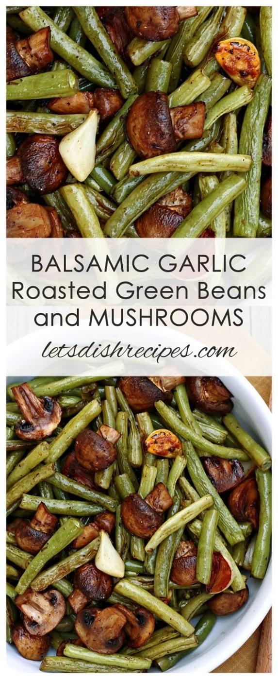 Balsamic garlic green beans and mushrooms with whole halved garlic cloves, shown on a sheet pan and in a bowl