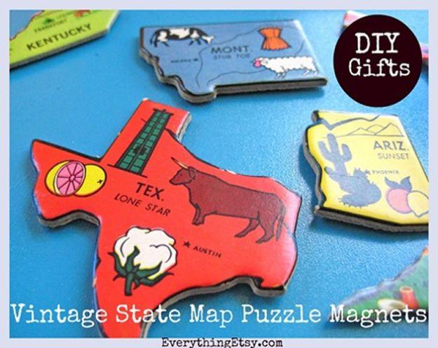 Vintage State Map Puzzle Magnets, a simple craft that looks great on a shelf or wall and a favorite pick from this roundup