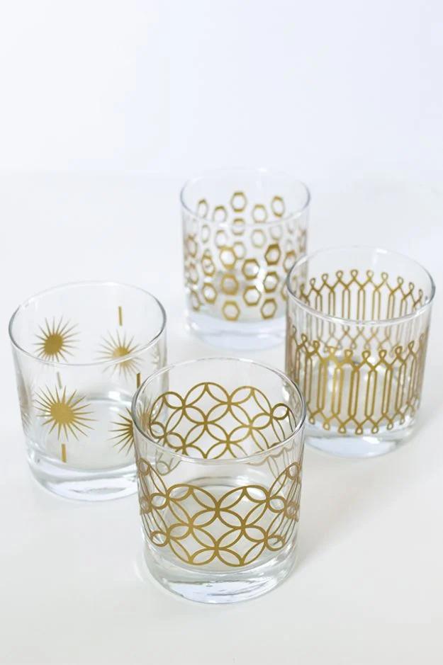 DIY Metallic Print Glassware, cheap to pull off with dollar store finds and a piece worth keeping out on display