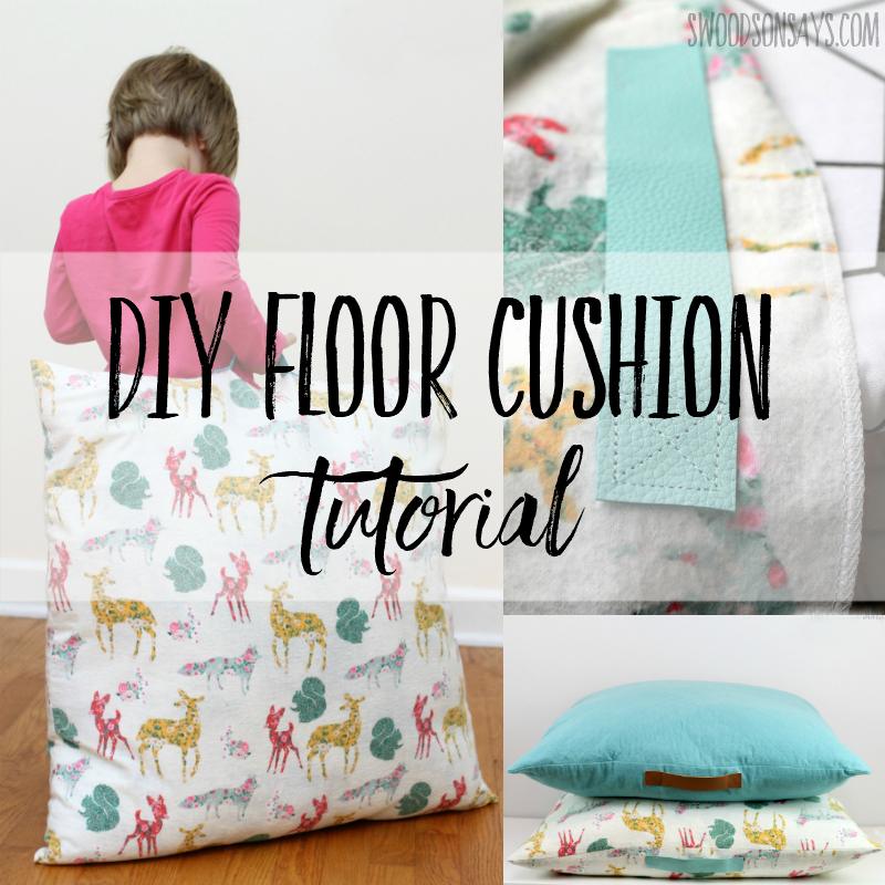 DIY floor cushion tutorial, a collage of large flannel floor cushions with a deer print and a leather carry handle