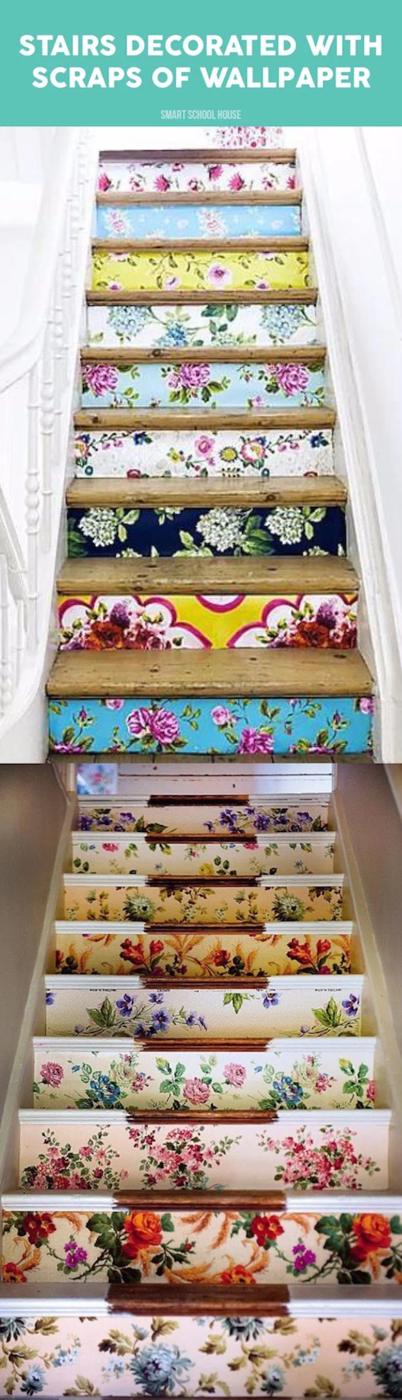 Stairs decorated with scraps of wallpaper graphic, two staircases with every riser papered in a different floral print
