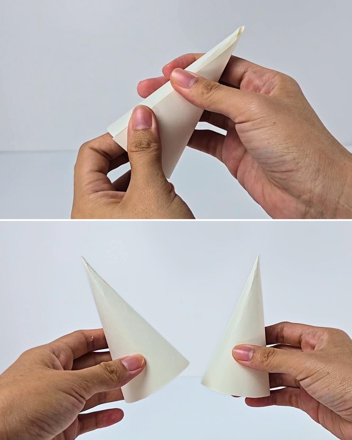 How to Make Cone Horns - a hand rolling a cardboard triangle into a cone, then two finished cones held upright side by side