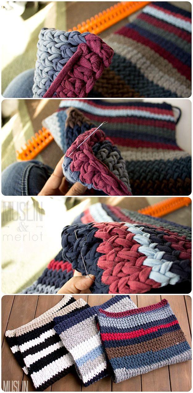 Striped DIY t-shirt yarn rugs in navy red and grey being double knitted on an orange knitting loom, four photos