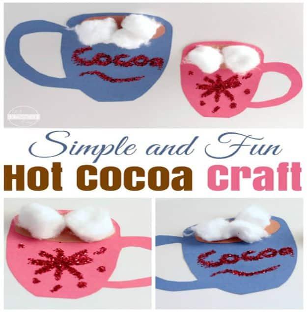 Two paper hot cocoa mugs in blue and pink with cotton ball whipped cream and red glitter drizzle, in two panels