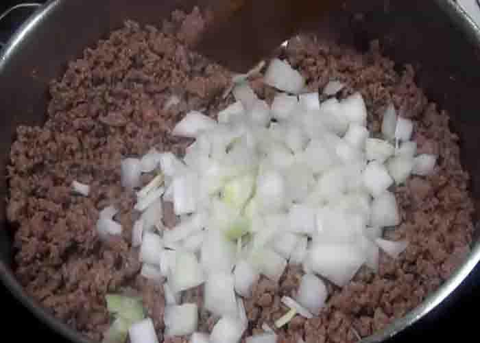 Cooking the ground beef for the egg noodles recipe