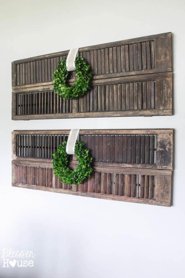 Thrifty Dining Room Shutter Wall Decor, one of the best dining room decor ideas on this list and one worth pinning for later