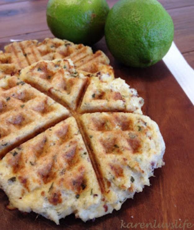 Crab cake mixture pressed in a waffle iron into a crisp ridged patty, served with lemon and a dipping sauce