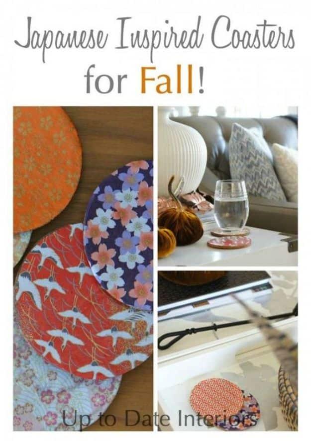 Round cork coasters faced with orange, purple and red Japanese papers above two styled shots of them in use