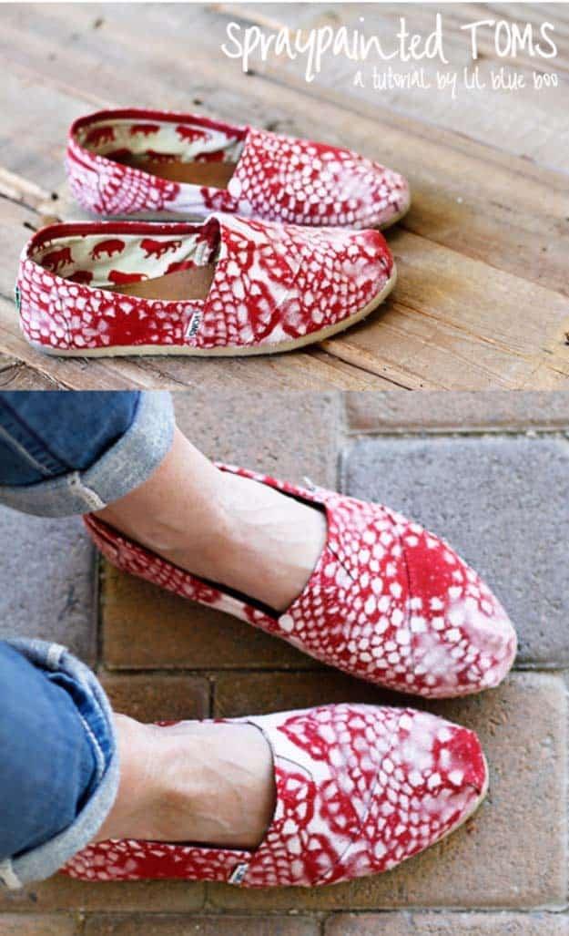 Lace painted slip ons, canvas shoes spray painted red with a white doily pattern left in the canvas, worn