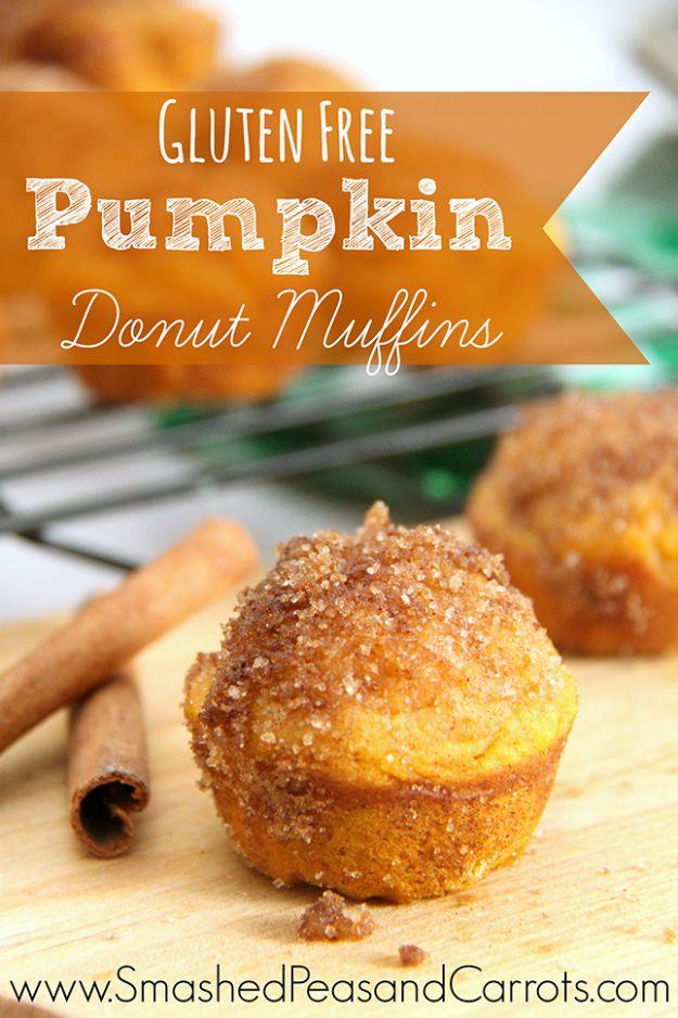 Typeset pin graphic of one gluten free pumpkin donut muffin in cinnamon sugar on a board with cinnamon sticks