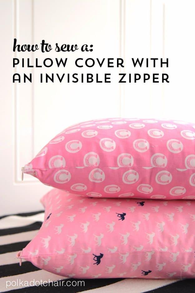How to sew a pillow cover with an invisible zipper, two stacked pink printed pillow covers with hidden zip closures
