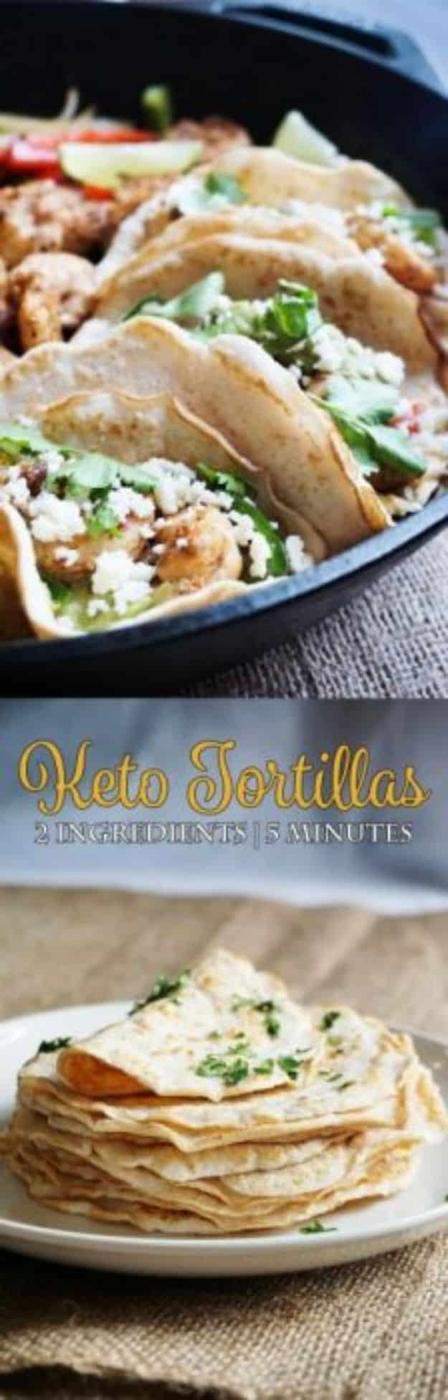 Low carb tortillas stacked on a plate below a skillet of filled tacos, under a recipe title graphic bar
