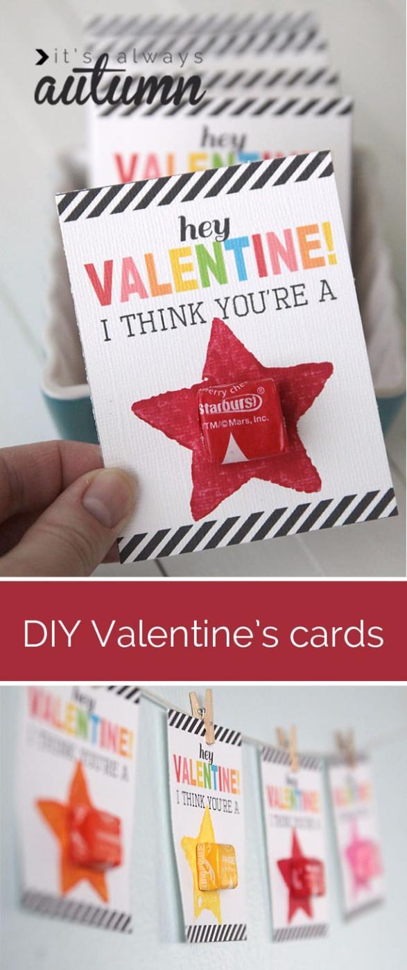 DIY Valentine's card to make with kids, printable star cards stamped by hand with yellow acrylic paint