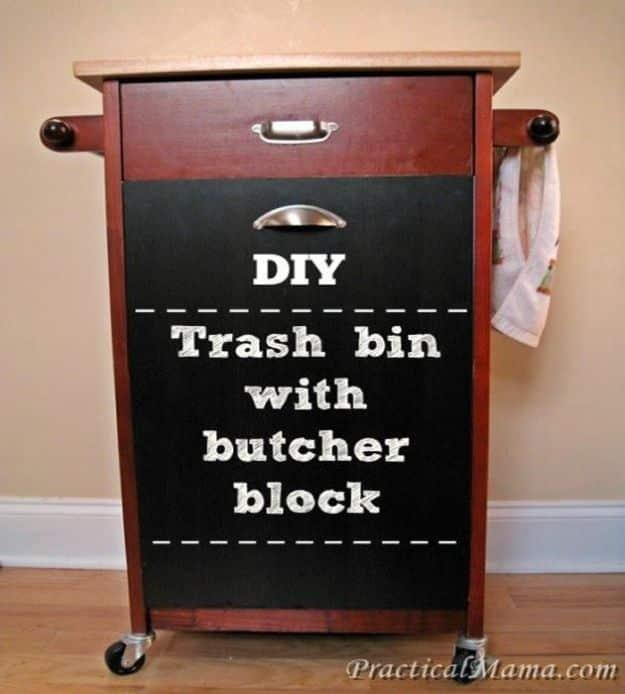 Cherry finished rolling kitchen cart with a butcher block top and a towel rail, with a typeset caption over the door