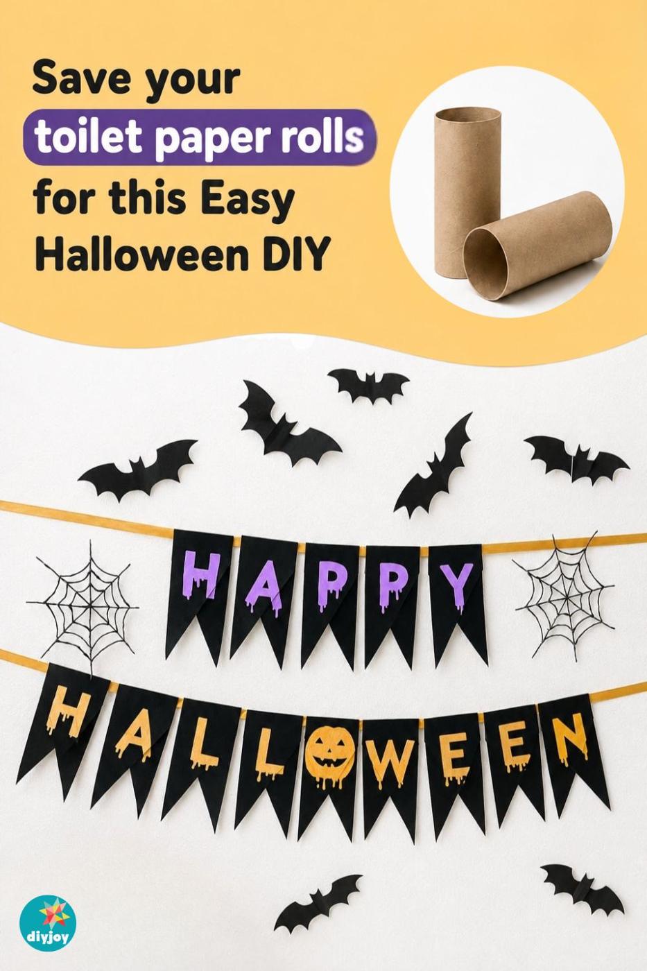 DIY Halloween banner Step-by-step tutorial, made using toilet paper rolls, hot glue, and colored paper.
