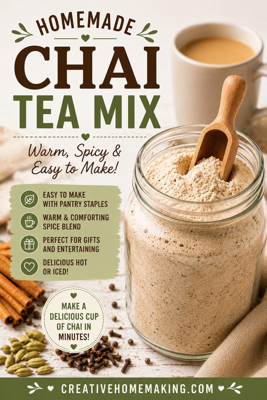 Glass jar of powdered homemade chai tea mix with cinnamon sticks and star anise on a cloth beside a full mug