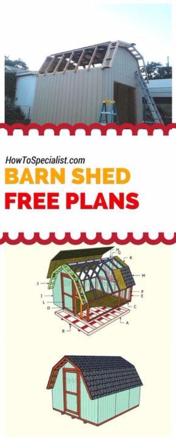 10x12 barn shed plans, a photo of a gambrel roof being framed above two color drawings of a barn shed and its roof framing