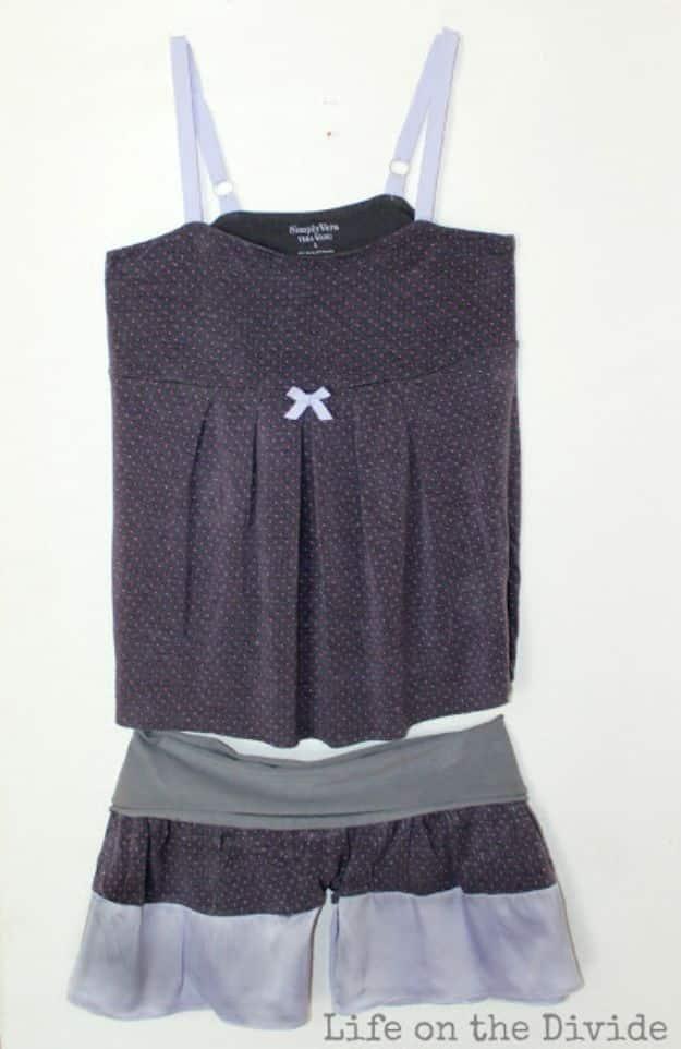 Gray refashioned pajama set with a tank top and ruffled shorts made from an old nightgown, laid flat