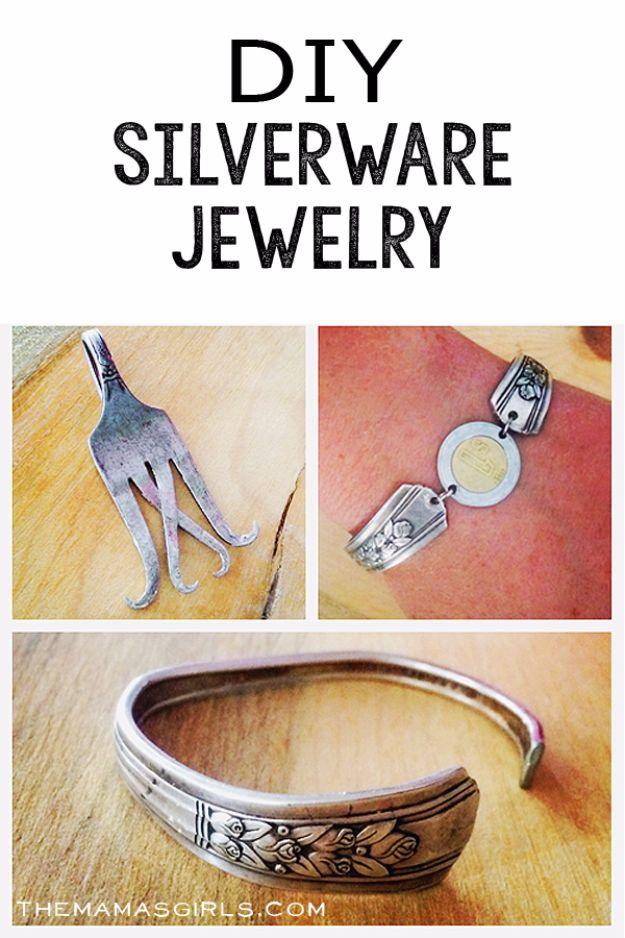 Typeset title over three panels: a bent fork pendant, a spoon handle and coin bracelet and a wide silver cuff