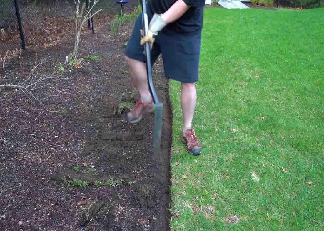 Finishing edging the beds using a shovel