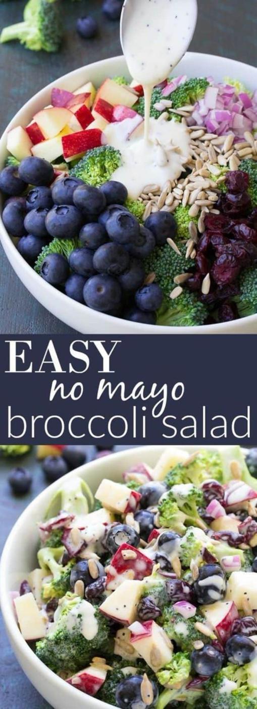 Two panel graphic of no mayo broccoli salad with blueberries, apple, cranberries and poppy seed dressing
