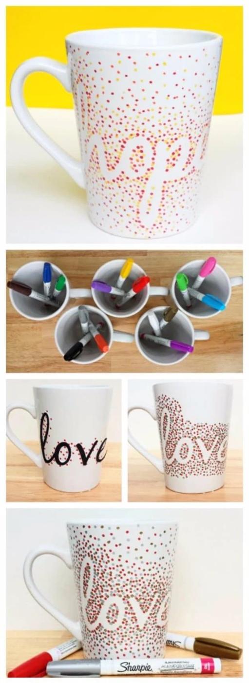 Dotted Sharpie mug hand drawn for a holiday luncheon gift, a batch craft that goes well beyond a simple initial