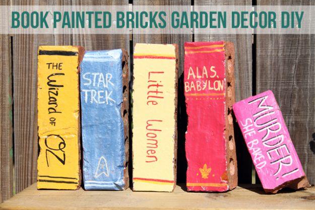 Five bricks painted as book spines reading Wizard of Oz, Star Trek, Little Women, Alas Babylon and Murder