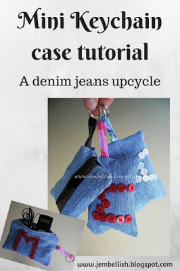 Blue Jean Upcycles - Mini Keychain Case - Ways to Make Old Denim Jeans Into DIY Home Decor, Handmade Gifts and Creative Fashion - Transform Old Blue Jeans into Pillows, Rugs, Kitch