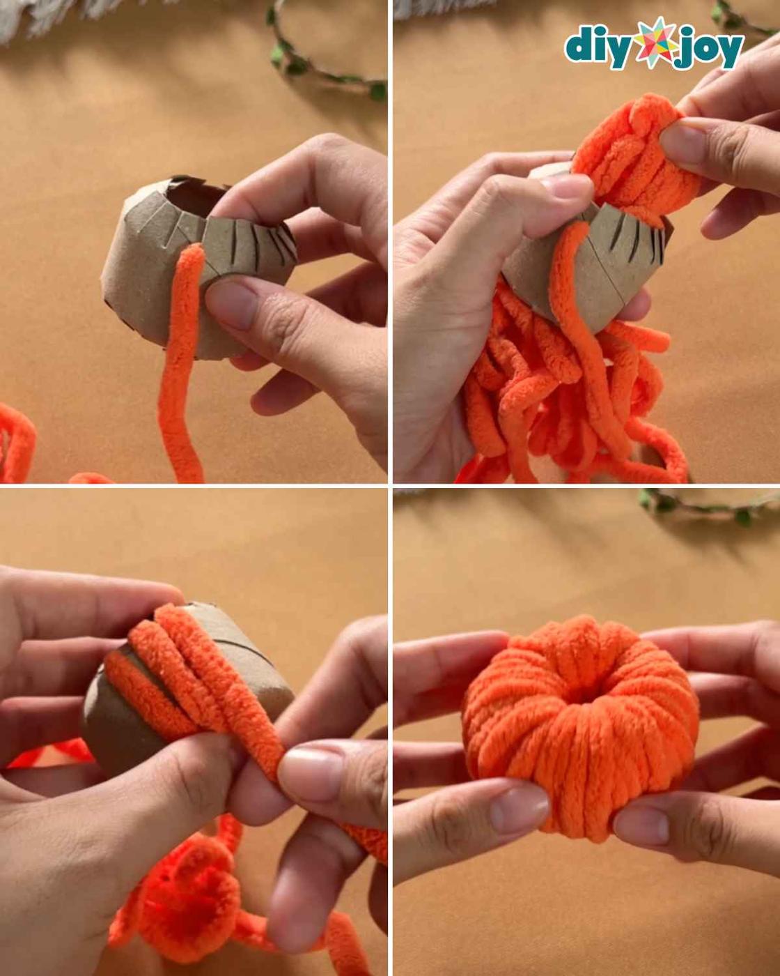 Easy Crafts - wrapping chunky chenille yarn around the tissue paper roll to build the pumpkin shape.