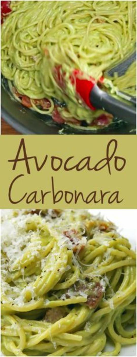 Two panel pin graphic, pale green avocado carbonara tossed in a skillet above a plated portion under parmesan